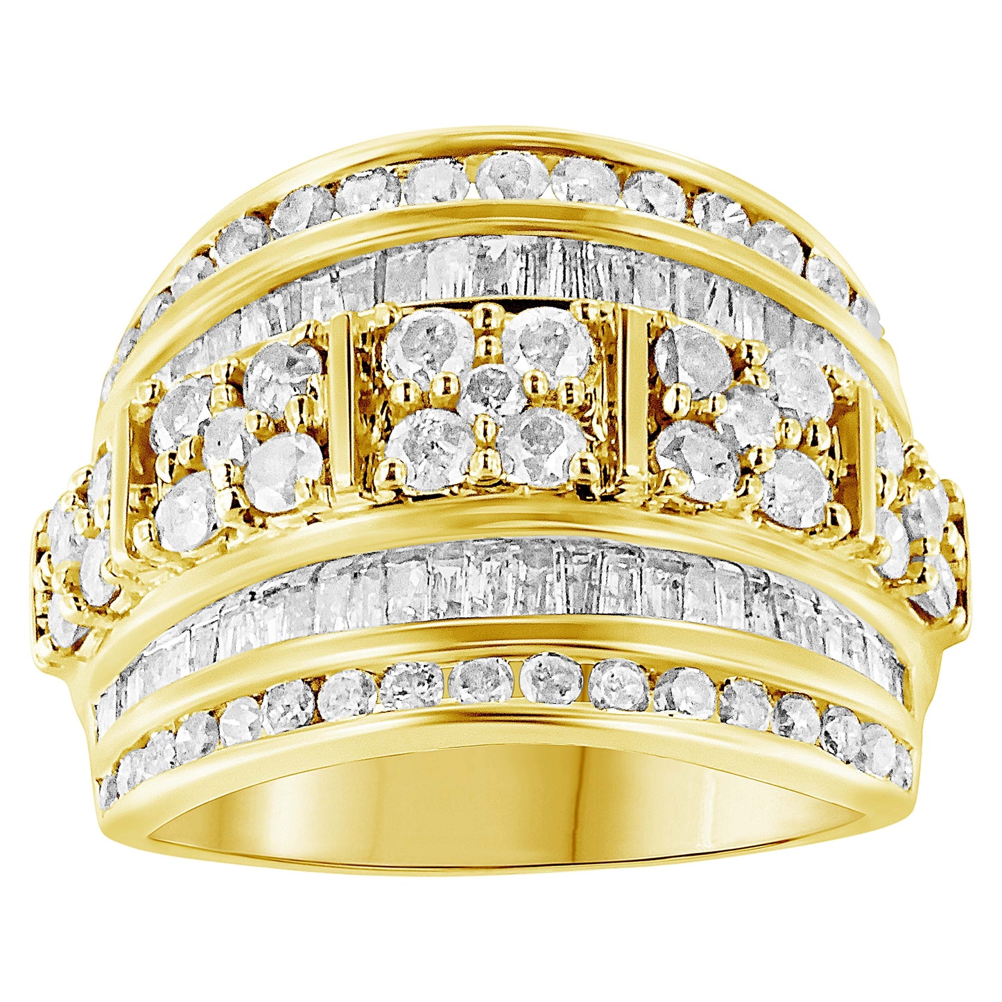 Anillo de plata de ley .925 con diamantes redondos y de talla baguette de 2.0 Cttw, engastados en canal en varias filas, diseño cónico, tipo cóctel (Color I-J, Claridad I3) - Talla 7