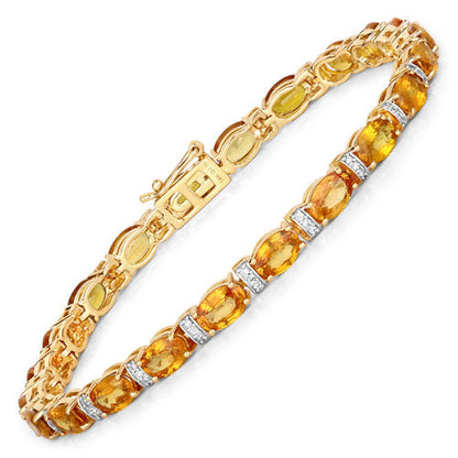 Pulsera de zafiro naranja genuino de 12,33 quilates y diamantes blancos de oro amarillo de 14 quilates