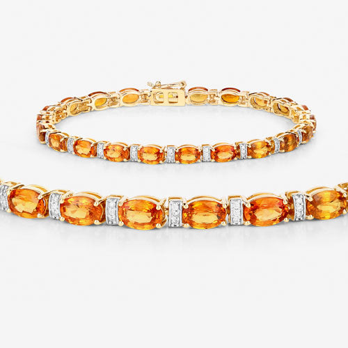 Pulsera de zafiro naranja genuino de 12,33 quilates y diamantes blancos de oro amarillo de 14 quilates