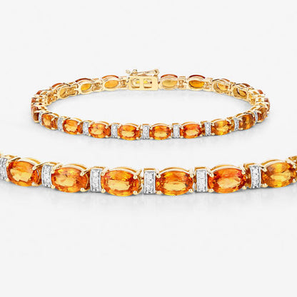 Pulsera de zafiro naranja genuino de 12,33 quilates y diamantes blancos de oro amarillo de 14 quilates