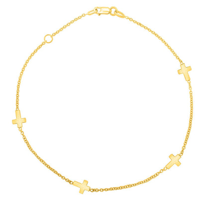 Tobillera de cruz con eslabones pulidos de oro amarillo de 14k (1.00 mm)