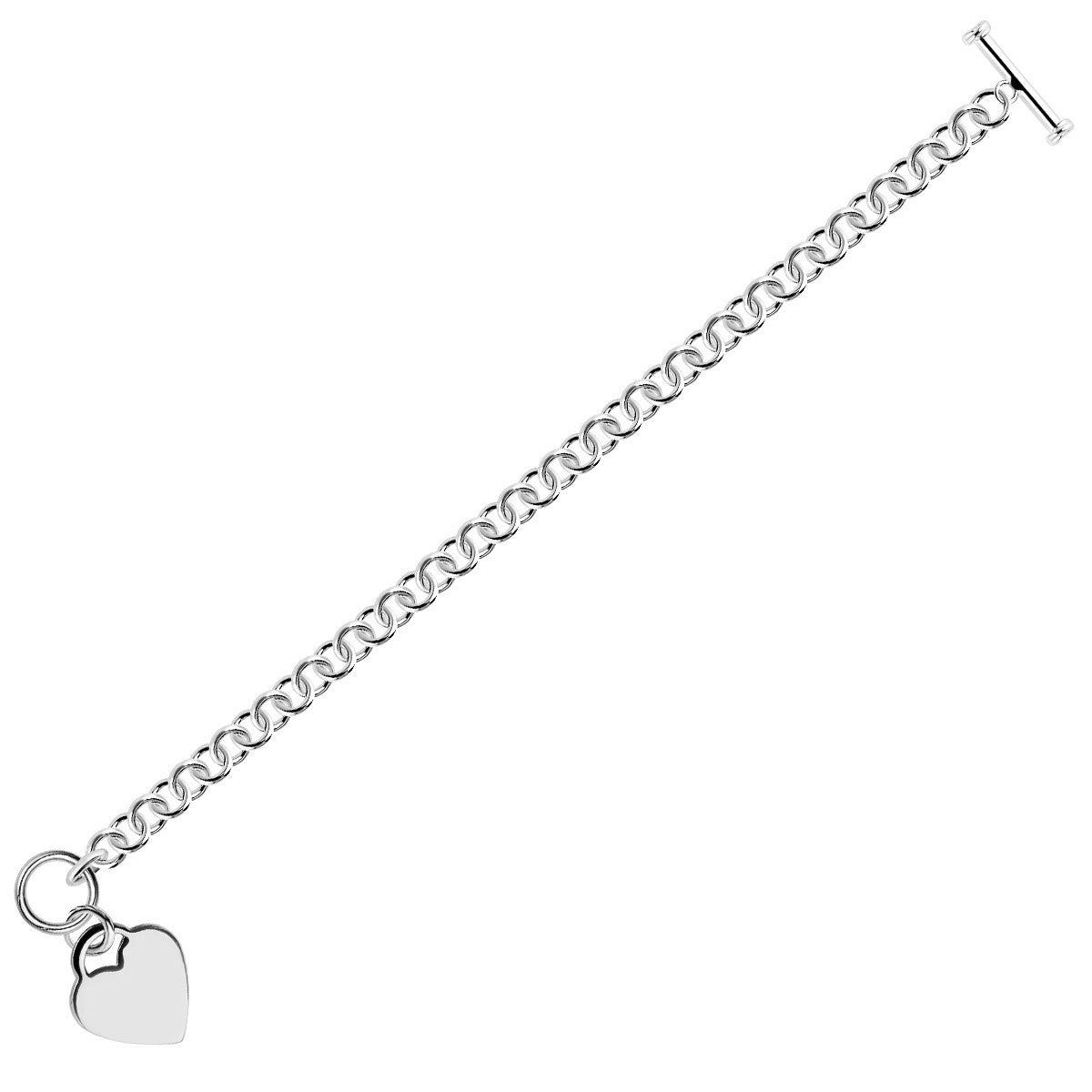 Pulsera de Cadena Rolo de Plata de Ley con Baño de Rodio y Dije de Corazón