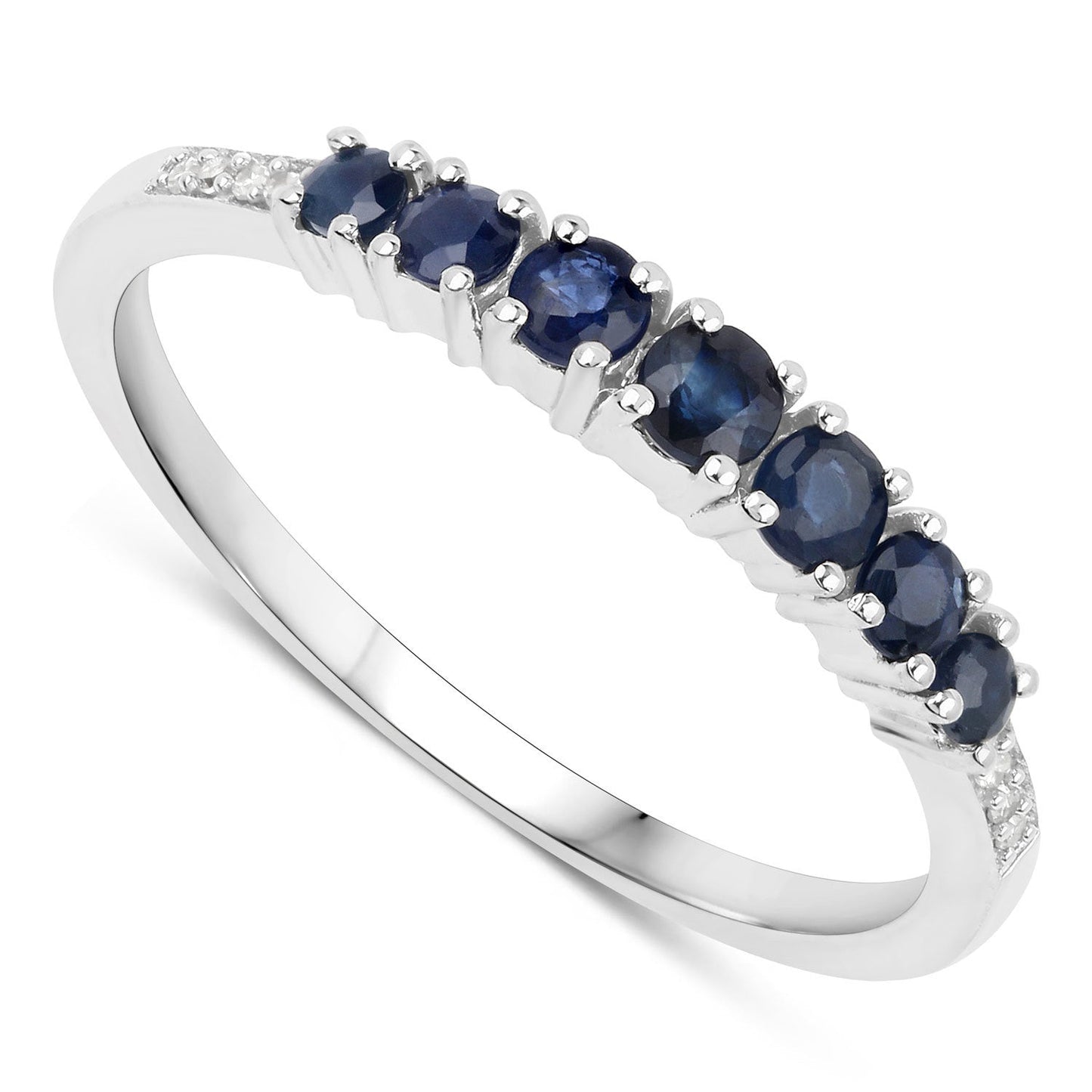 Anillo de oro blanco de 14 quilates con zafiro azul genuino de 0,45 quilates y diamantes blancos