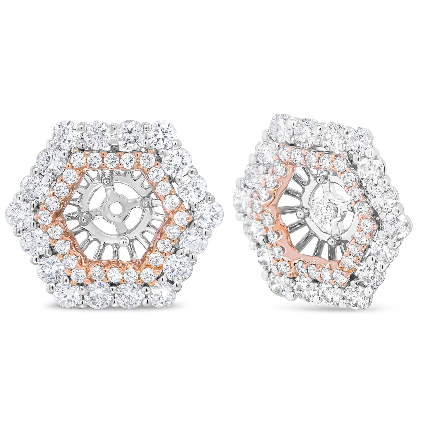 Anillo embellecedor para pendientes de tuerca redondos de 6 mm con doble halo de diamantes redondos de 1 7/8 Cttw de oro blanco y rosa de 14K (Color G-H, Claridad VS2-SI1)
