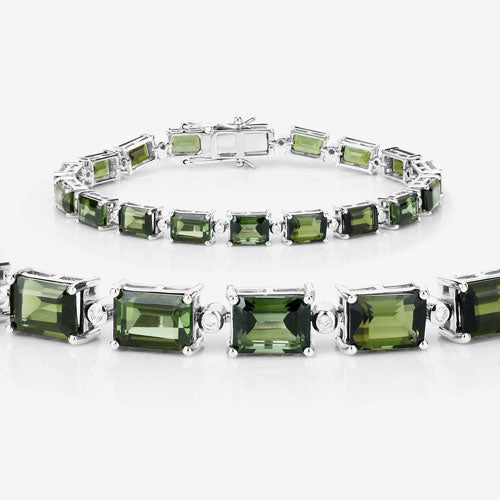 Pulsera de oro blanco de 14 quilates con turmalina verde genuina de 19,04 quilates y diamantes blancos