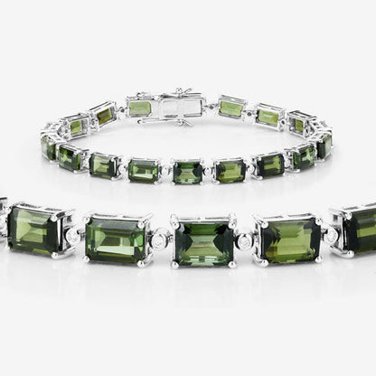 Pulsera de oro blanco de 14 quilates con turmalina verde genuina de 19,04 quilates y diamantes blancos