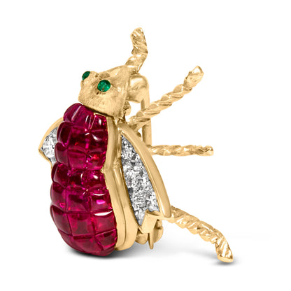 Broche de abejorro en oro amarillo de 18K con diamantes de 3/8 Cttw y rubíes rojos de 6 3/4 Cttw (color F-G, claridad VS2-SI1)