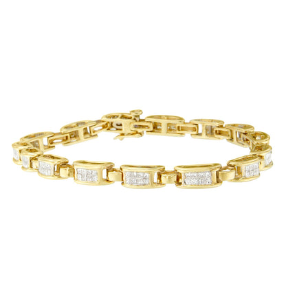 Pulsera de eslabones rectangulares de oro amarillo de 10K con diamantes de talla princesa de 2.0 Cttw con engaste invisible (color I-J, claridad SI2-I1) - 7"