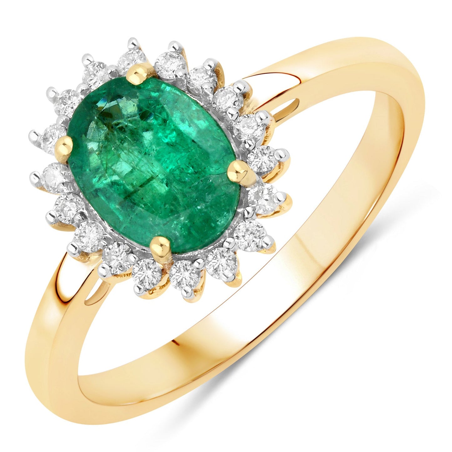 Anillo de oro amarillo de 14 quilates con esmeralda zambiana auténtica de 1,34 quilates y diamantes blancos