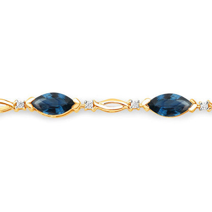 Pulsera de zafiro azul genuino y diamantes blancos de 5,58 quilates en oro amarillo de 14 quilates