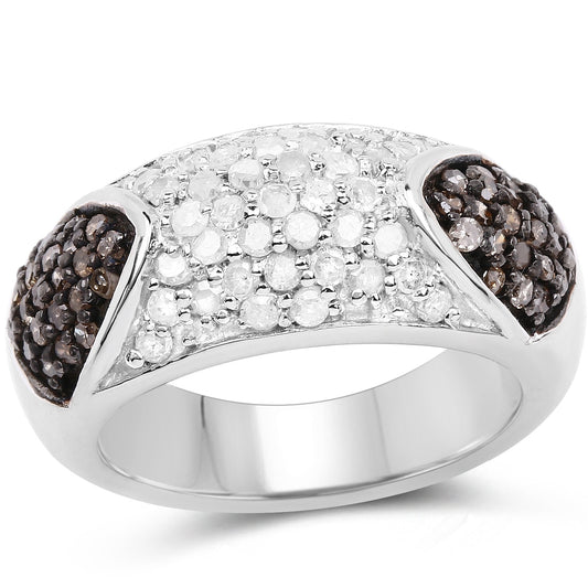 Anillo de Plata de ley .925 con Diamante Champán Genuino de 0,94 Quilates y Diamantes Blancos
