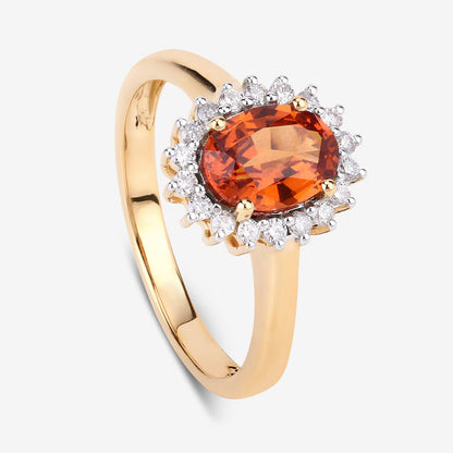 Anillo de oro amarillo de 14K con granate espesartita auténtico de 1,87 quilates y diamantes blancos