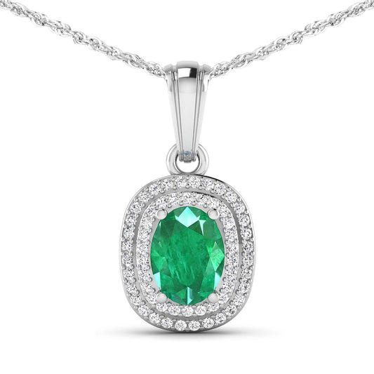 Colgante de oro blanco de 14 quilates con esmeralda zambiana auténtica de 1,50 quilates y diamantes blancos