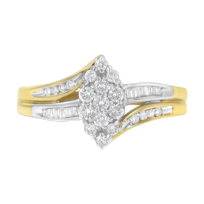 Anillo de racimo con forma de marquesa de diamante de 1/2 quilate de oro amarillo y blanco de 10 quilates con vástago dividido (color H-I, claridad SI2-I1) - Talla 7