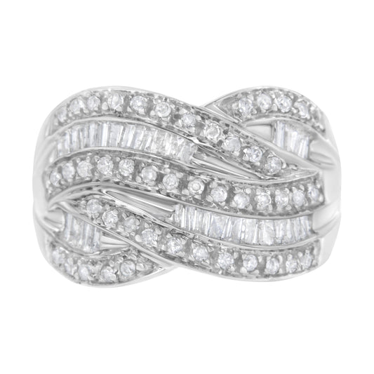 Anillo de plata de ley .925 de 1.0 Cttw con canal, diamantes redondos y baguette alternados, diseño cruzado (color I-J, claridad I2-I3) - Talla 7