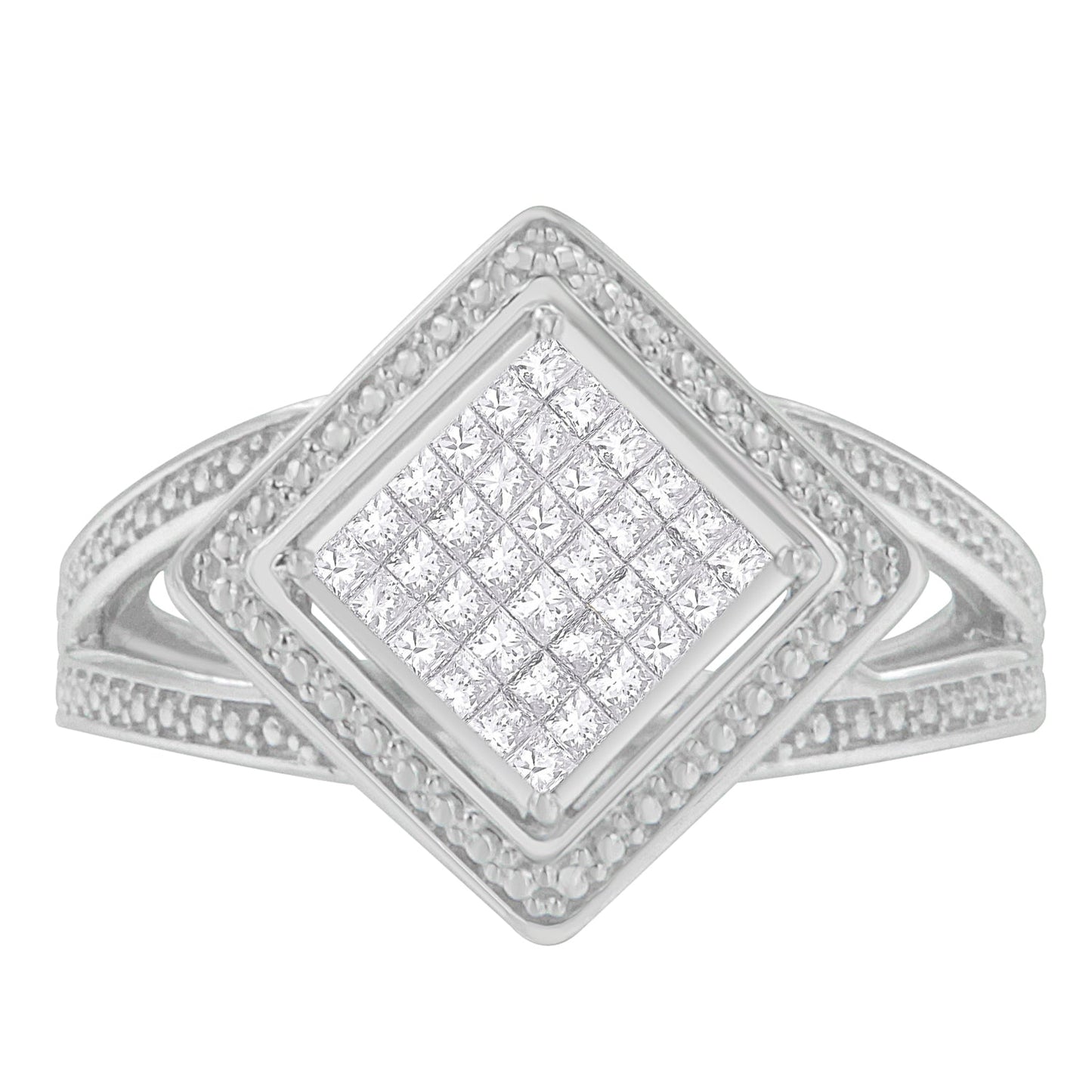 Anillo de plata de ley .925 con 1/3 Cttw de diamante de talla princesa en engaste invisible con rombo y halo de cuentas (color H-I, claridad SI1-SI2) - Talla de anillo 7