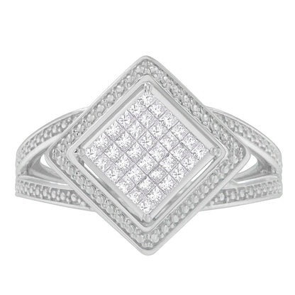 Anillo de plata de ley .925 con 1/3 Cttw de diamante de talla princesa en engaste invisible con rombo y halo de cuentas (color H-I, claridad SI1-SI2) - Talla de anillo 7