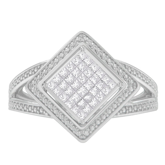 Anillo de plata de ley .925 con 1/3 Cttw de diamante de talla princesa en engaste invisible con rombo y halo de cuentas (color H-I, claridad SI1-SI2) - Talla de anillo 7