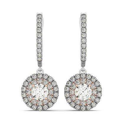 Aretes colgantes de oro blanco y rosa de 14 quilates con diamantes y diseño de halo (3/4 quilates en total)