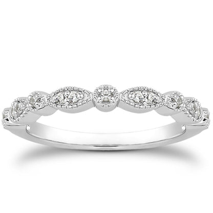 Anillo de boda de oro blanco de 14k, estilo vintage, con pavé de diamantes y filigrana milgrain