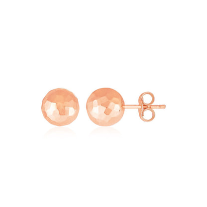Pendientes de bola de oro rosa de 14k con textura facetada