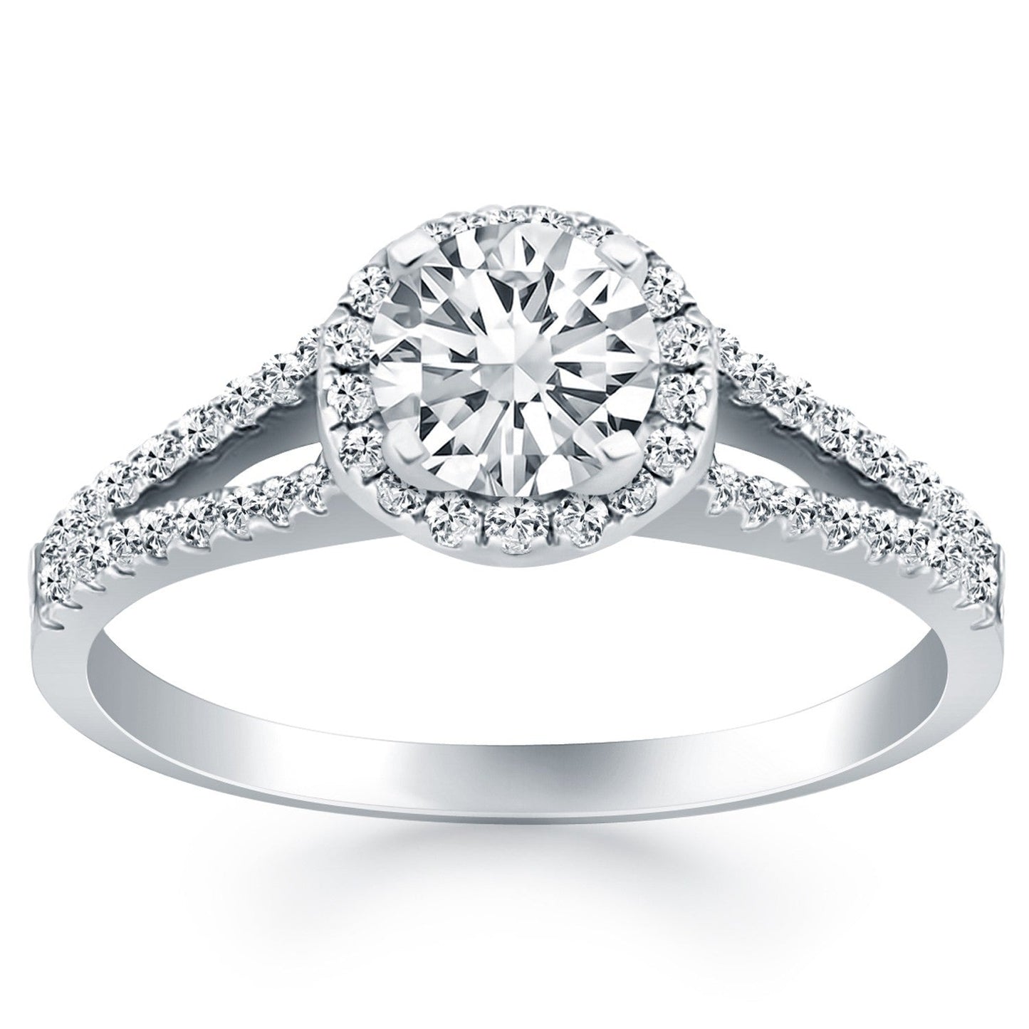 Anillo de compromiso de oro blanco de 14k con halo de diamantes y brazo dividido