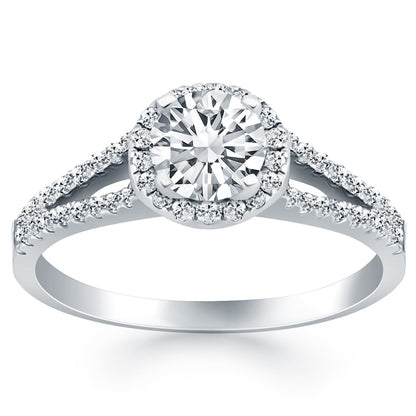 Anillo de compromiso de oro blanco de 14k con halo de diamantes y brazo dividido