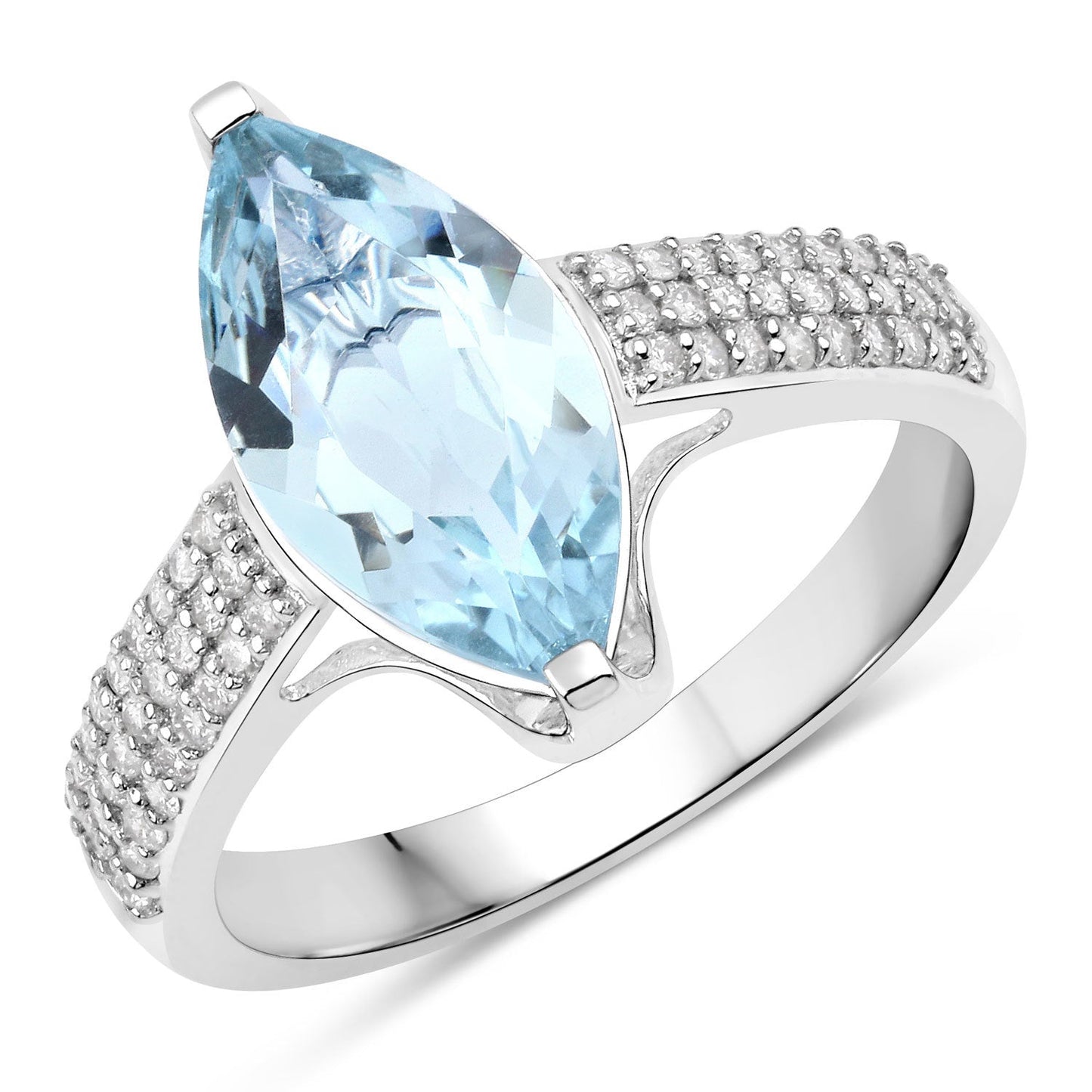 Anillo de oro blanco de 14K con aguamarina auténtica de 2.09 quilates y diamantes blancos
