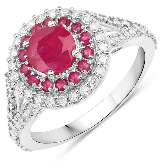 Anillo de oro blanco de 14K con rubí genuino de 1,95 quilates y diamantes blancos