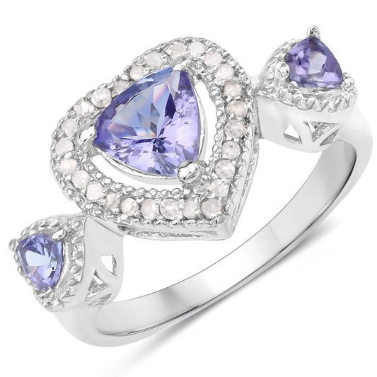 Anillo de plata de ley .925 con tanzanita genuina de 1,09 quilates y diamantes blancos