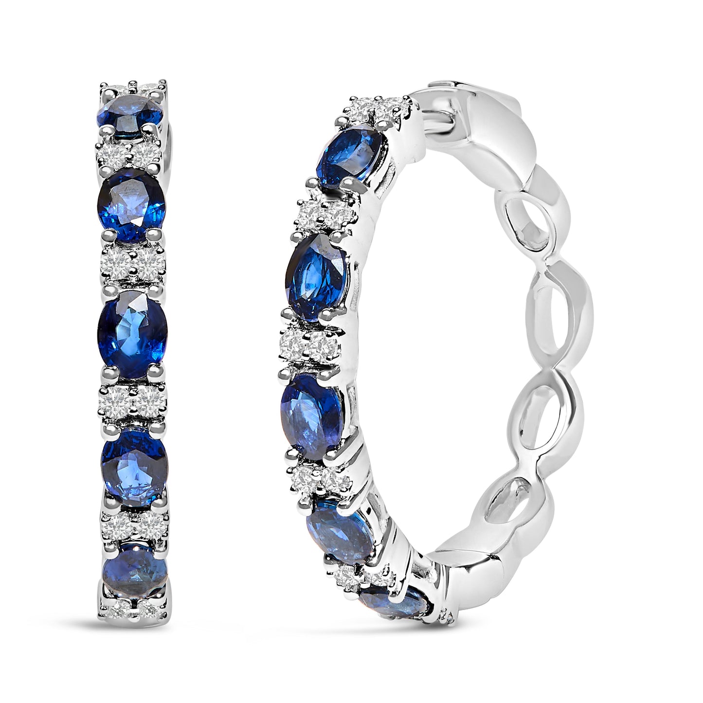 Pendientes de aro alternos de oro blanco de 14 quilates con zafiro azul ovalado de 4x3 mm y diamante de 1/4 Cttw (color I-J, claridad SI2-I1)