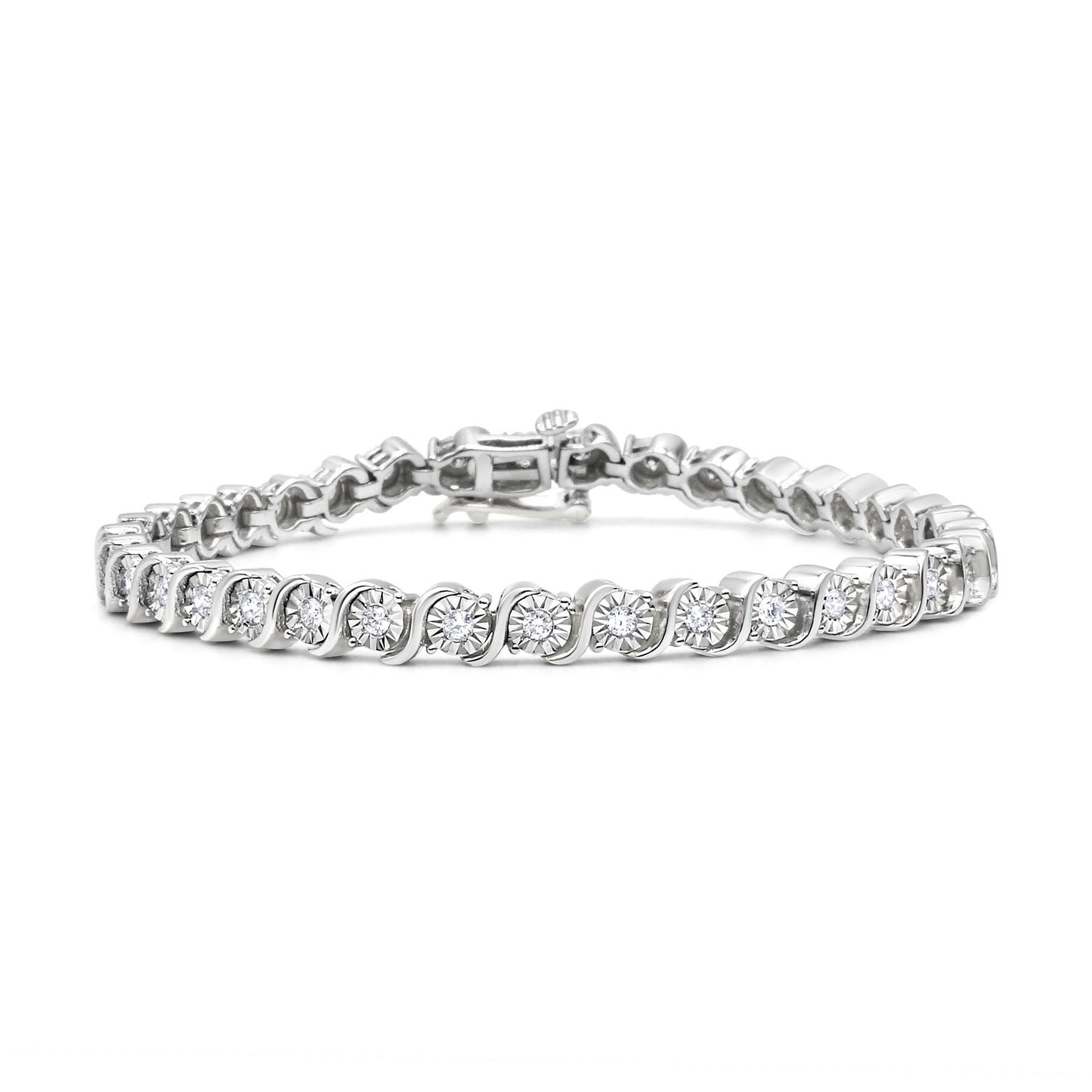 Pulsera de tenis de oro rosa de 14 quilates con baño de plata de ley .925 y diamante de 1/4 qt engastado en placa de ilusión con eslabones en "S" (color I-J, claridad I2-I3) - 7"