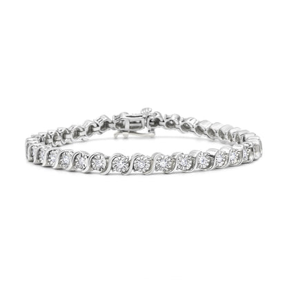 Pulsera de tenis de oro rosa de 14 quilates con baño de plata de ley .925 y diamante de 1/4 qt engastado en placa de ilusión con eslabones en "S" (color I-J, claridad I2-I3) - 7"