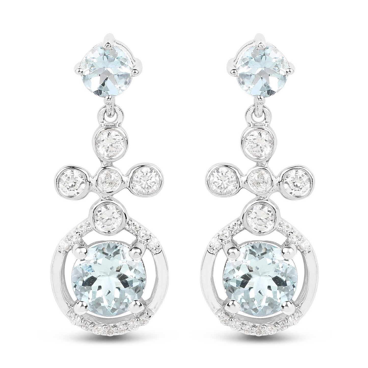 Pendientes de Plata de Ley .925 con Aguamarina Genuina de 4.42 Quilates y Zircón Blanco