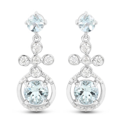 Pendientes de Plata de Ley .925 con Aguamarina Genuina de 4.42 Quilates y Zircón Blanco