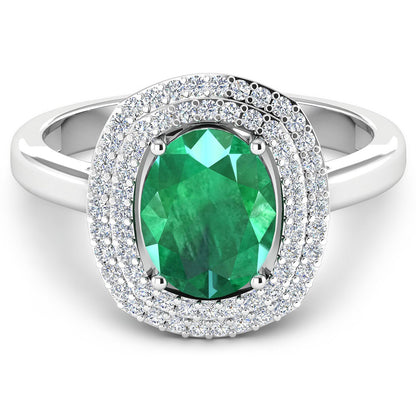 Anillo de oro blanco de 14K con esmeralda zambiana auténtica de 1,97 quilates y diamantes blancos