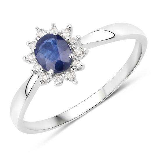 Anillo de oro blanco de 14K con zafiro azul auténtico de 0,44 quilates y diamantes blancos