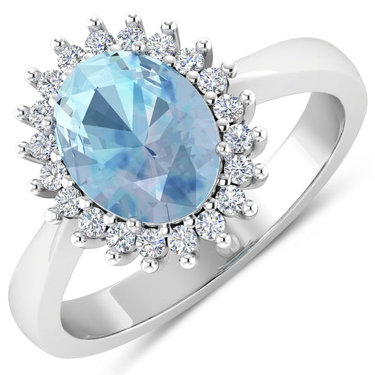 Anillo de oro blanco de 14K con aguamarina genuina de 1,24 quilates y diamantes blancos