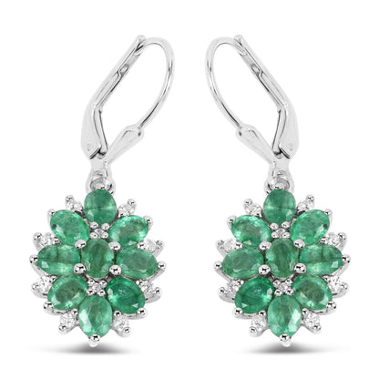 Pendientes de Plata de Ley .925 con Esmeralda Zambiana Genuina de 3,04 Quilates y Circones Blancos
