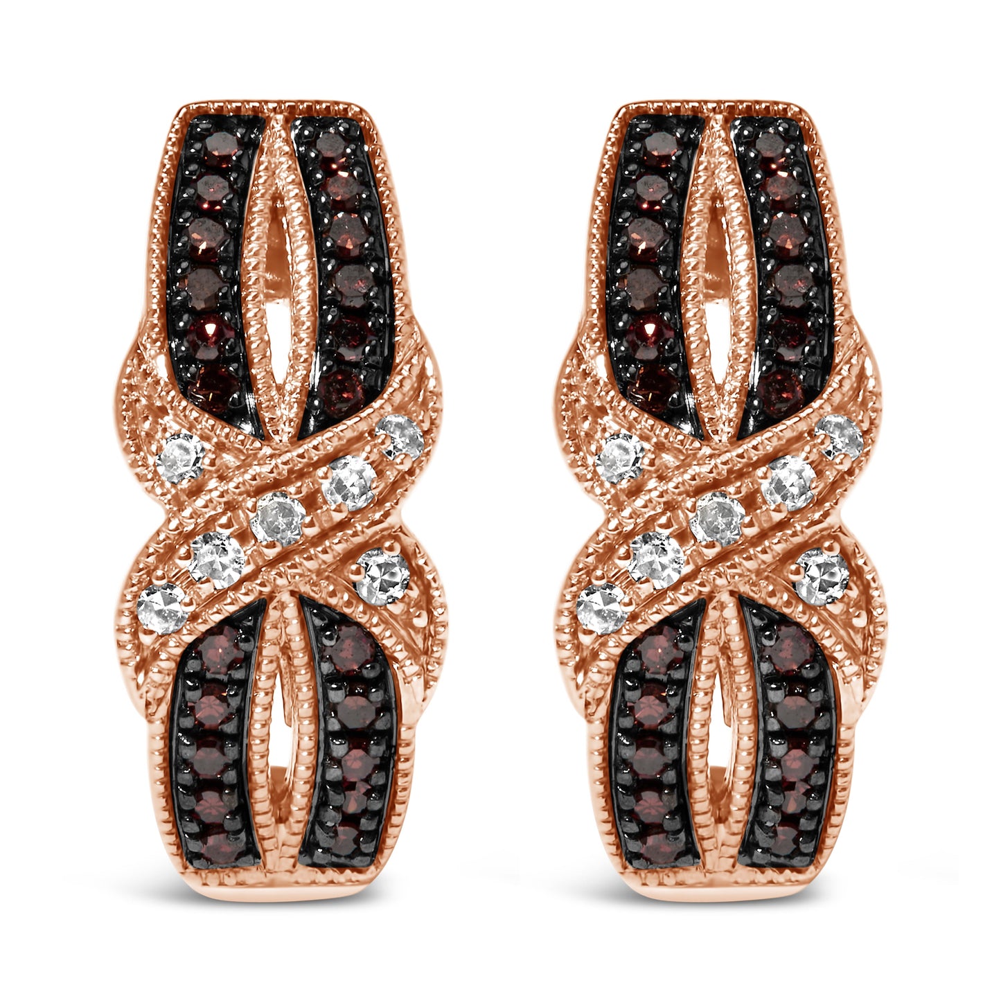 Pendientes de aro en J entrelazados con milgrain de oro rosa de 10K con diamantes blancos y marrones de 1/3 Cttw (color I-J, claridad I1-I2)