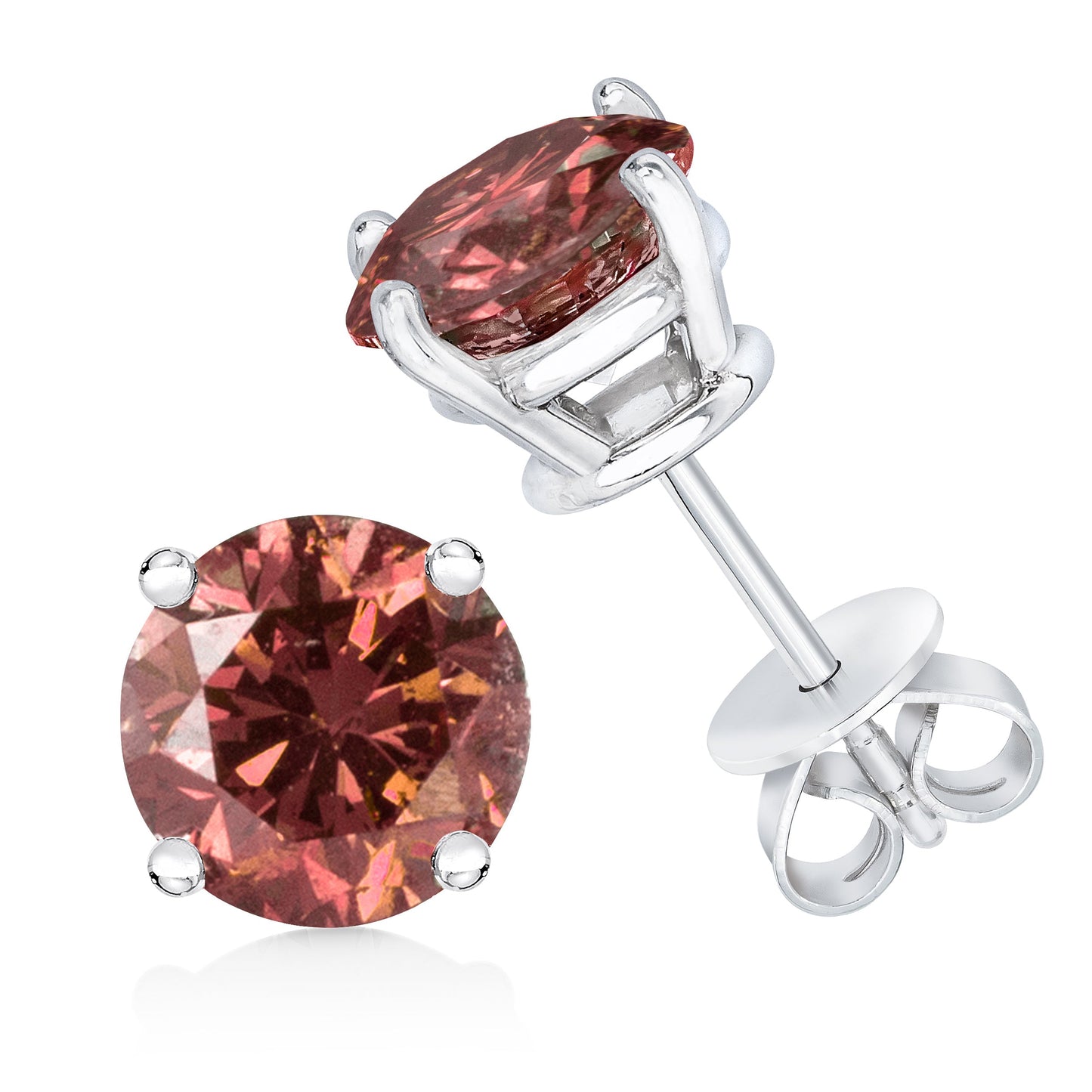 Pendientes solitario clásicos de 4 puntas de oro blanco de 14 quilates con diamantes rosados de laboratorio redondos de talla brillante de 1,0 quilates (color rosa, claridad VVS2-VS1)