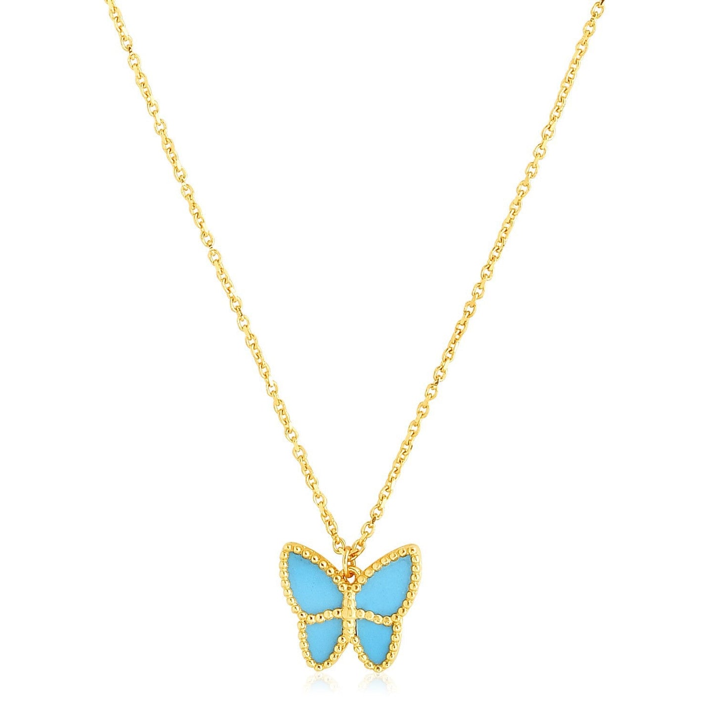 Collar de mariposa de pasta de turquesa en oro amarillo de 14k de alto brillo