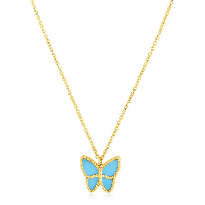 Collar de mariposa de pasta de turquesa en oro amarillo de 14k de alto brillo