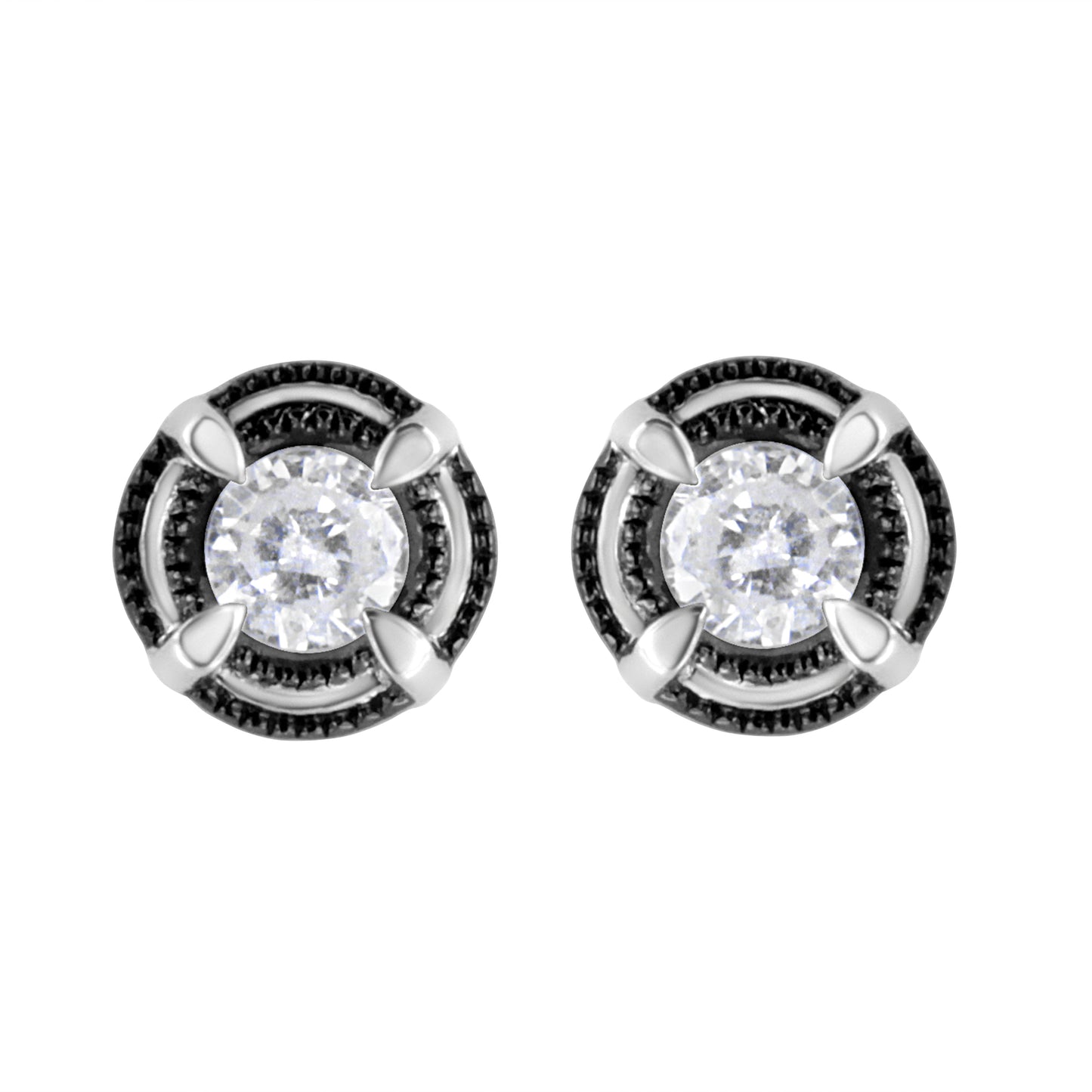 Pendientes de botón solitarios de doble halo de diamantes de 1-1/2 quilates de peso total, de plata de ley .925 bañada en rodio negro, con montura de 4 garras y milgrain (color H-I, claridad I2-I3)