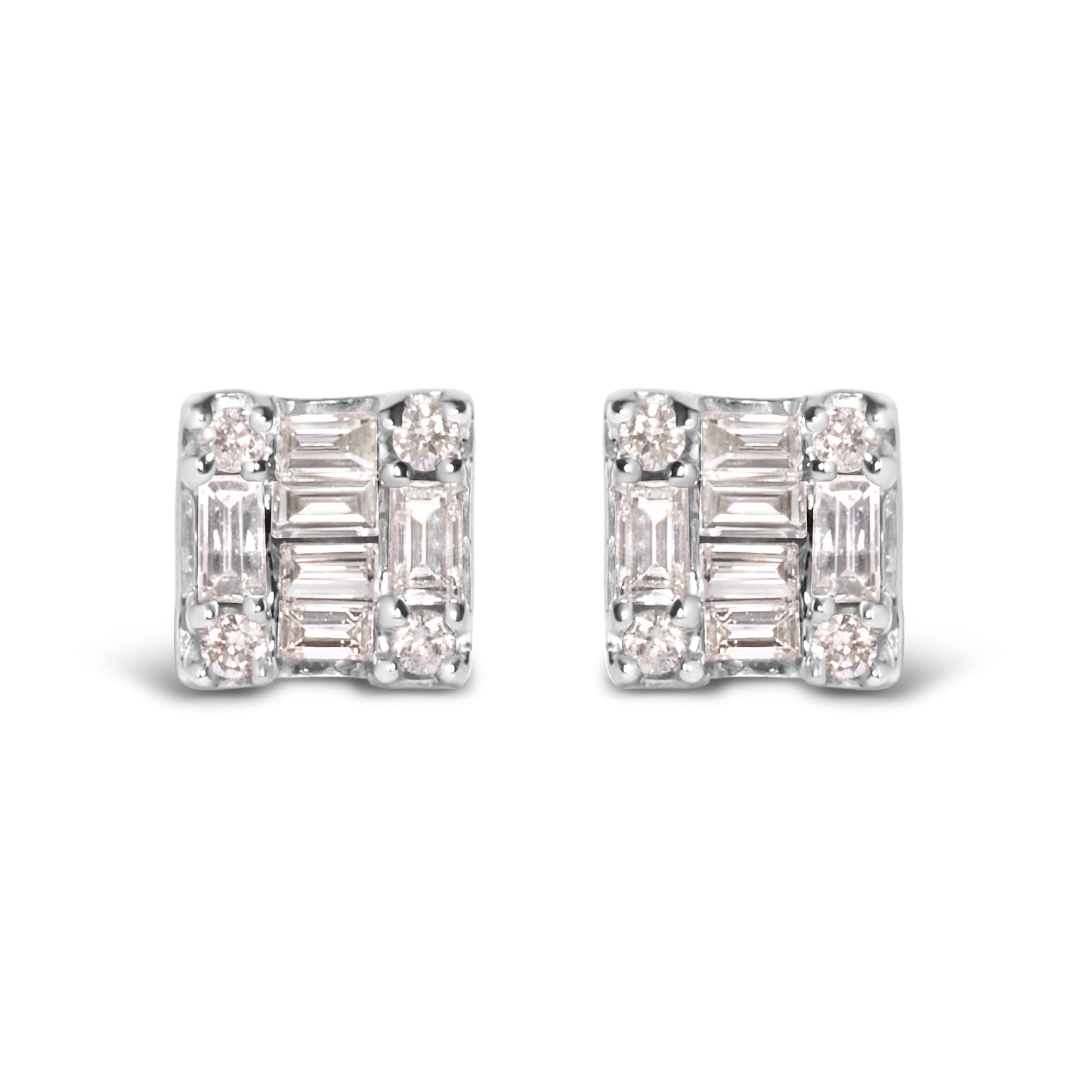 Pendientes de oro blanco de 10K con mosaico cuadrado de diamantes redondos y de baguette de 1/7 Cttw (color H-I, claridad I1-I2)