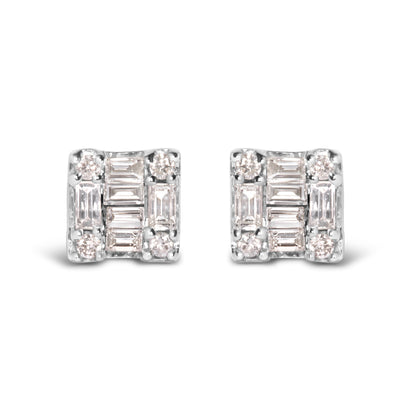 Pendientes de oro blanco de 10K con mosaico cuadrado de diamantes redondos y de baguette de 1/7 Cttw (color H-I, claridad I1-I2)