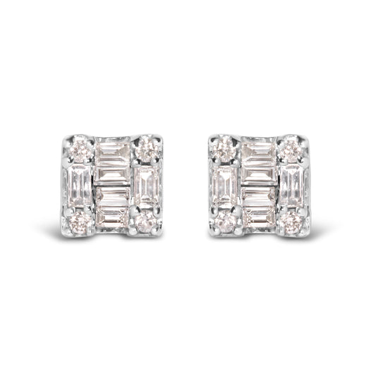 Pendientes de oro blanco de 10K con mosaico cuadrado de diamantes redondos y de baguette de 1/7 Cttw (color H-I, claridad I1-I2)