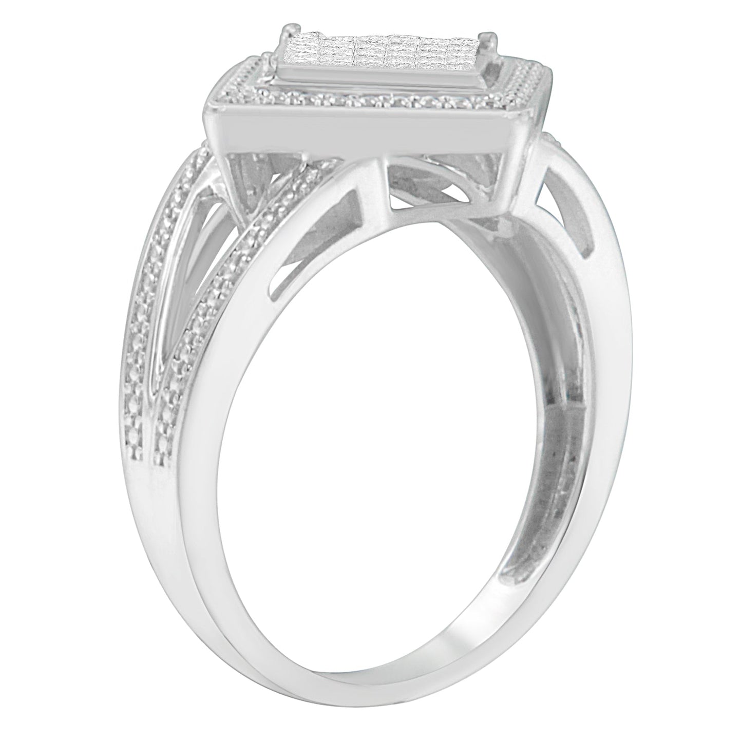 Anillo de plata de ley .925 con 1/3 Cttw de diamante de talla princesa en engaste invisible con rombo y halo de cuentas (color H-I, claridad SI1-SI2) - Talla de anillo 7