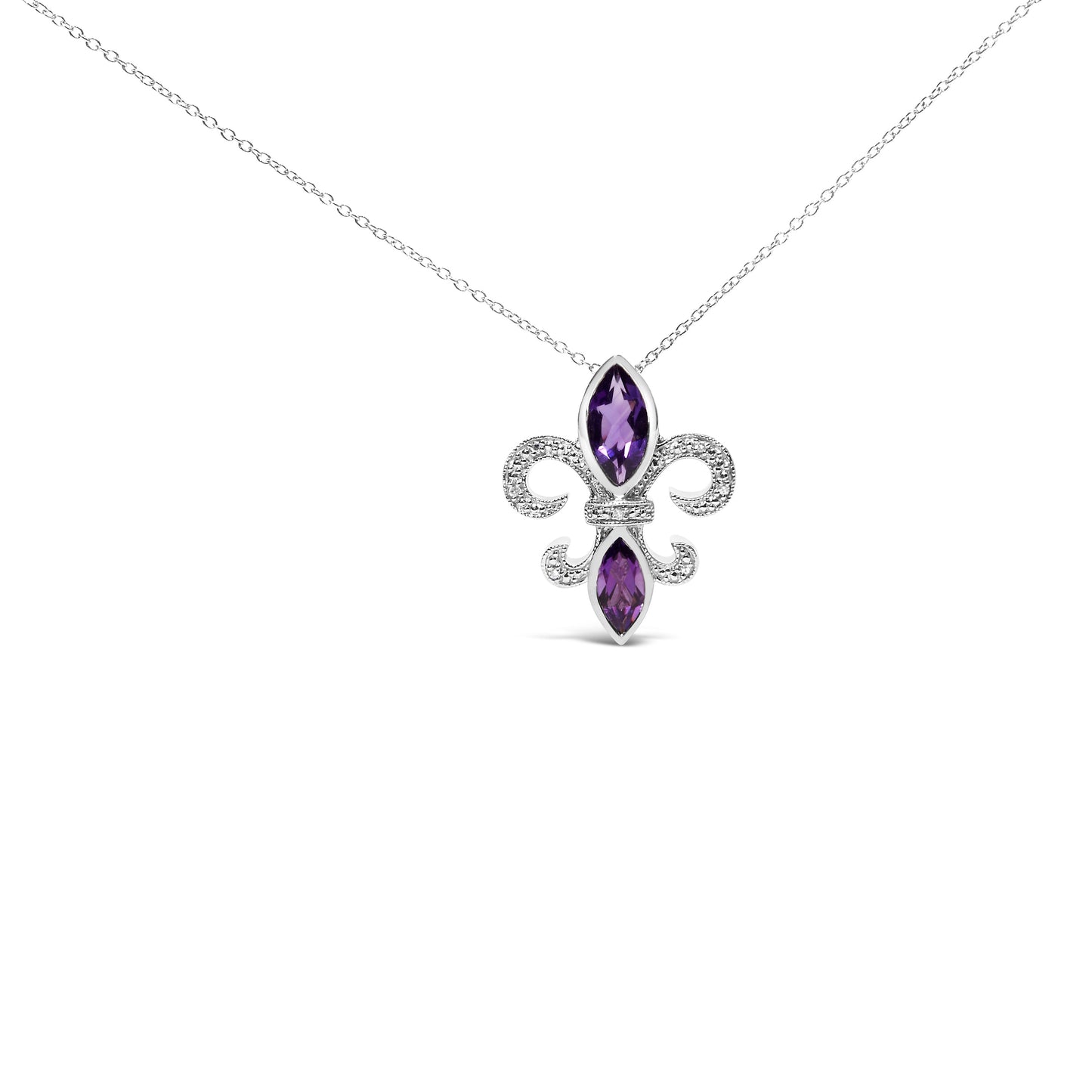Collar con colgante de flor de lis de amatista morada marquesa y acento de diamante de plata de ley .925 (Color H-I, Claridad SI1-SI2) - Tamaño 18"