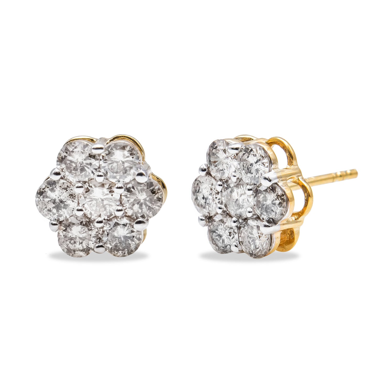 Pendientes de botón con forma de racimo floral de oro amarillo de 14K con diamantes de 2,0 Cttw y cierre de rosca (color H-I, claridad SI1-SI2)